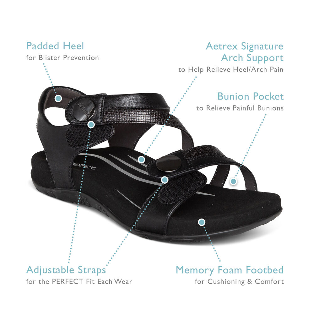 Aetrex Women's Jess Adjustable Quarter Strap Sandals - Black | USA V5OU9PV